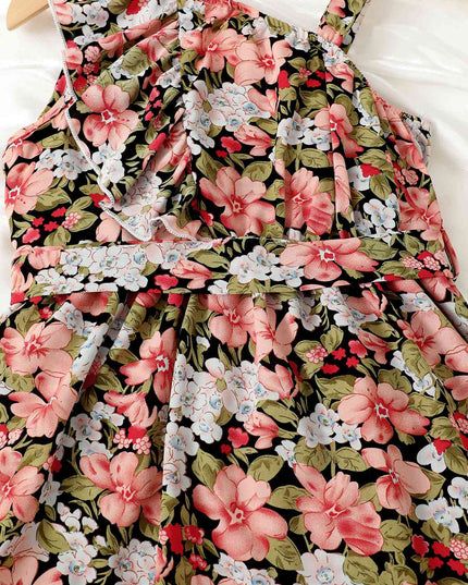 Floral Asymmetrical Neck Ruffled Dress
