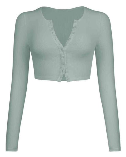Double Take Button Down Long Sleeve Cropped Top