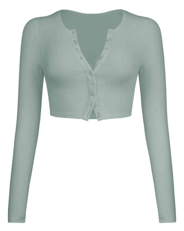 Double Take Button Down Long Sleeve Cropped Top