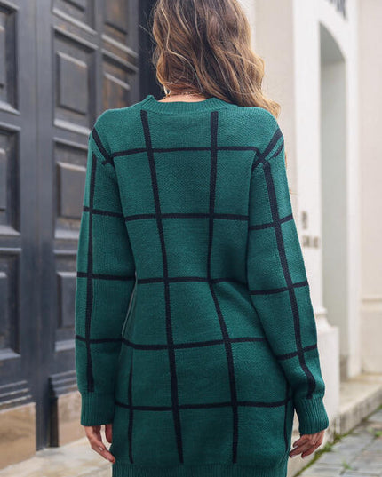 Plaid Round Neck Long Sleeve Sweater Dress
