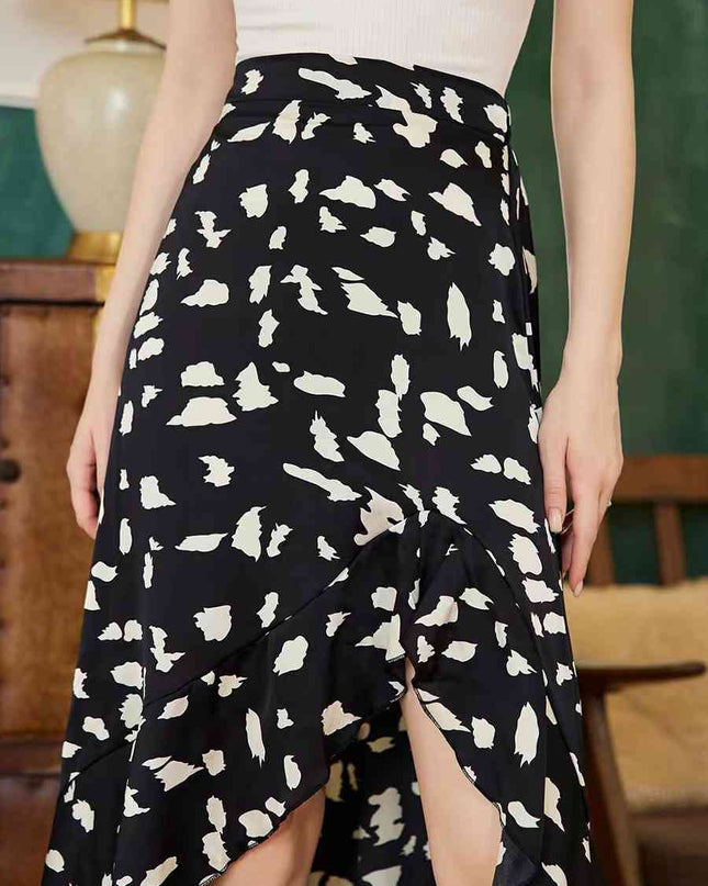 Printed Ruffled Front Slit Skirt
