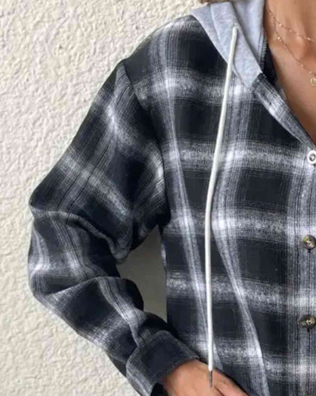 Plaid Drawstring Button Up Hooded Jacket