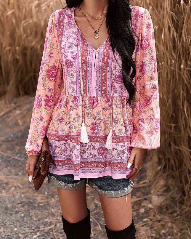 Tassel Tie Long Sleeve Peplum Blouse