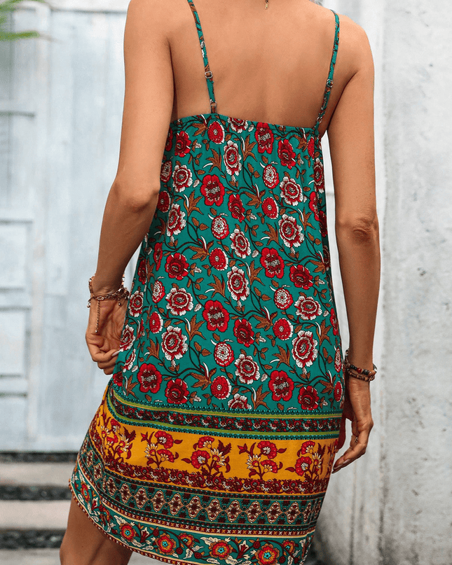 Printed Spaghetti Strap V-Neck Dress