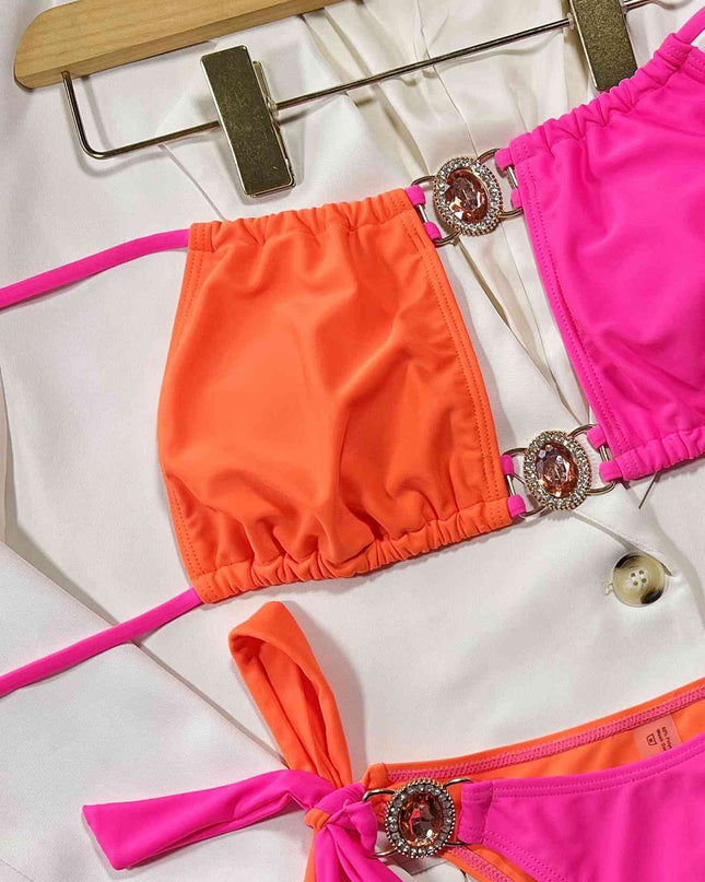 Color Block Tied Halter Neck Bikini Set
