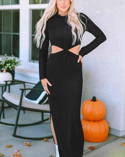 Cutout Round Neck Long Sleeve Slit Maxi Dress