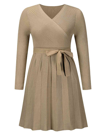 Surplice Neck Tie Front Pleated Sweater Dress