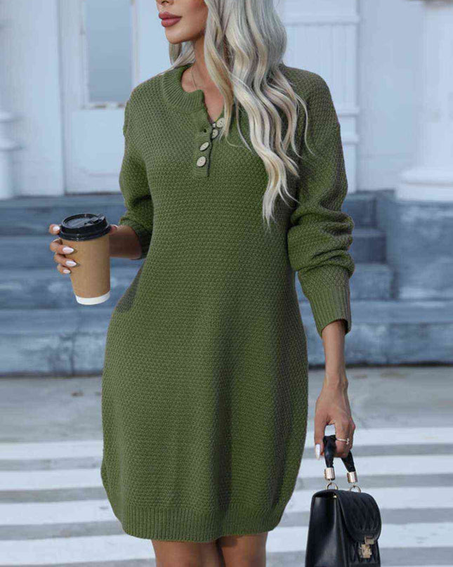 Buttoned Round Neck Long Sleeve Sweater Dress