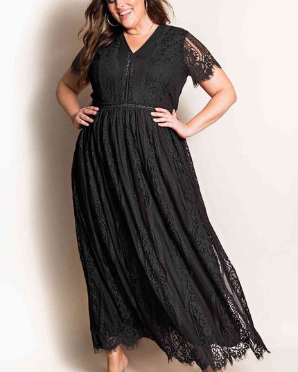 V-Neck Short Sleeve Lace Maxi Dress