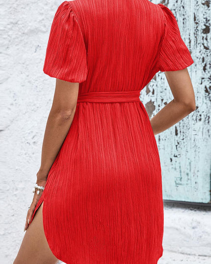 Textured Tie Belt Short Sleeve Dress