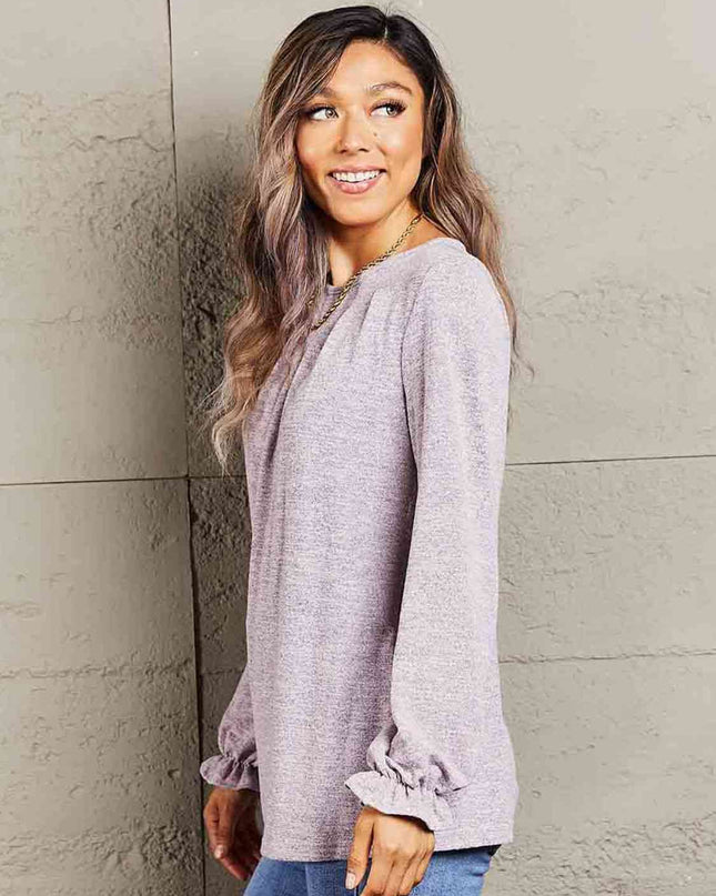 Double Take Long Flounce Sleeve Round Neck Blouse
