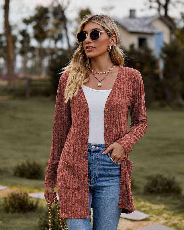 Ribbed Button-Up Cardigan with Pockets