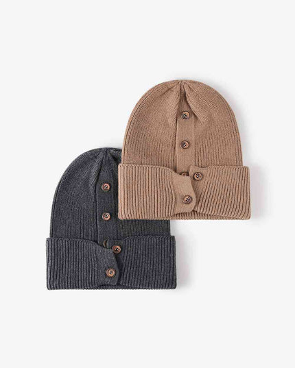 Button Detail Rib-Knit Cuff Beanie