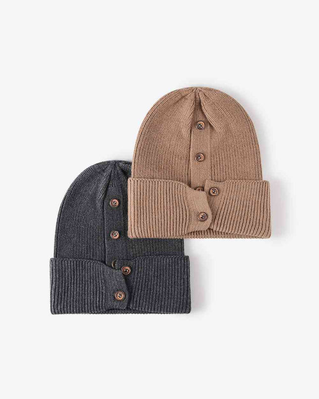 Button Detail Rib-Knit Cuff Beanie