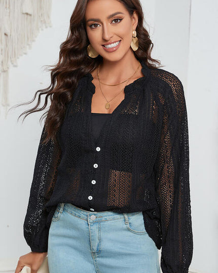 Openwork Button Up Long Sleeve Shirt