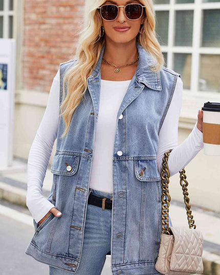 Button Up Collared Neck Denim Jacket with Pockets