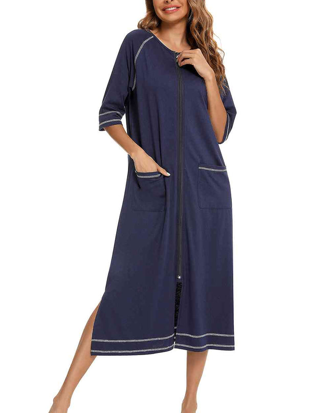 Zip Up Slit Round Neck Night Dress with Pockets