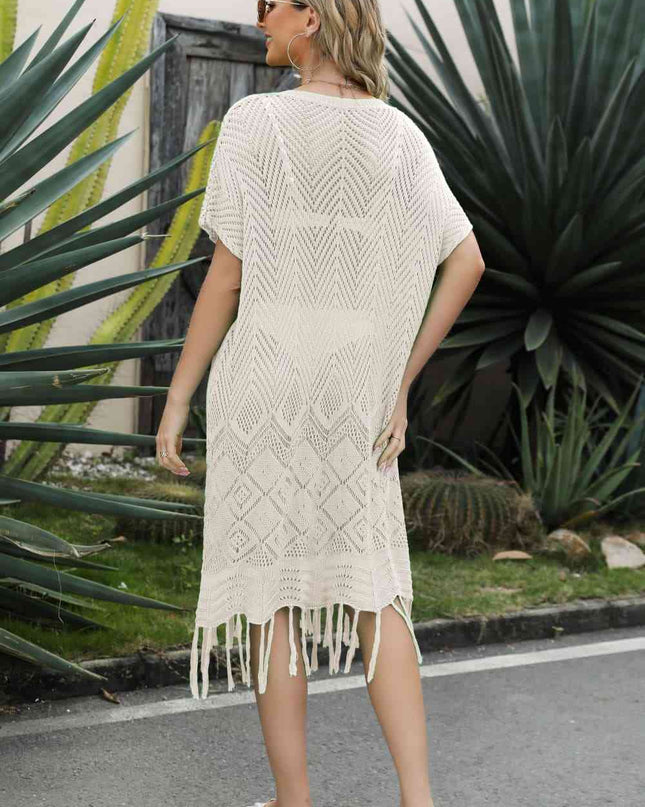 V-Neck Short Sleeve Fringe Hem Knit Dress
