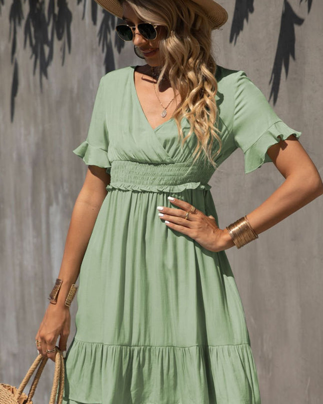 Smocked Waist Flounce Sleeve Ruffle Hem Dress