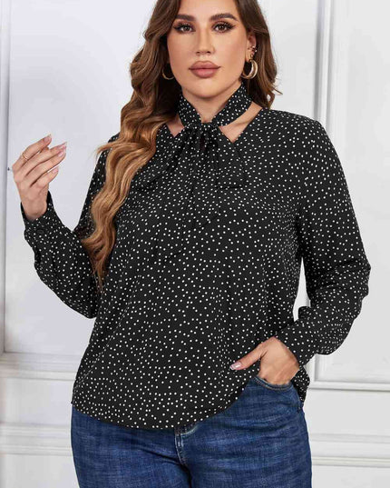 Melo Apparel Plus Size Printed Tie Neck Long Sleeve Blouse