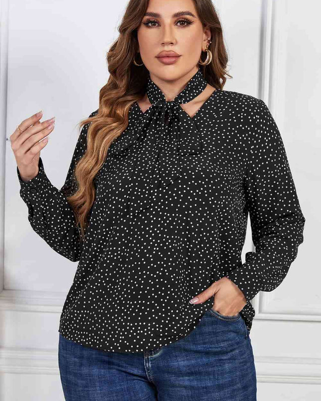 Melo Apparel Plus Size Printed Tie Neck Long Sleeve Blouse