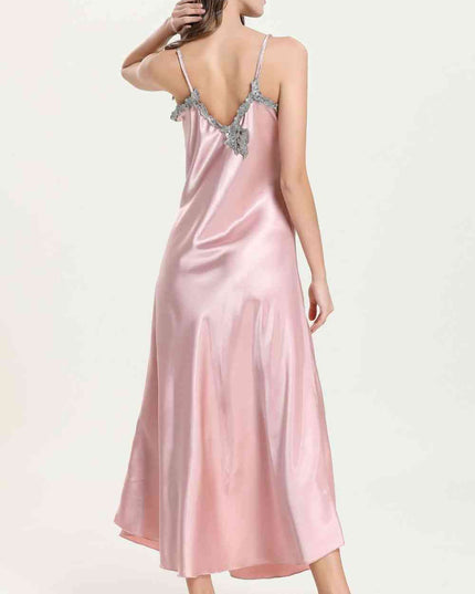 Full Size Lace Trim V-Neck Spaghetti Strap Satin Night Dress