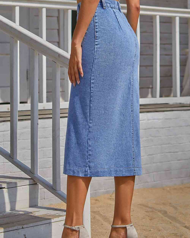 Split Buttoned Denim Skirt