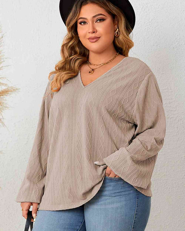 Plus Size Lace Detail V-Neck Long Sleeve Blouse