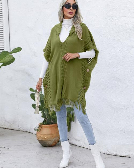 Fringe Trim Buttoned Hooded Poncho