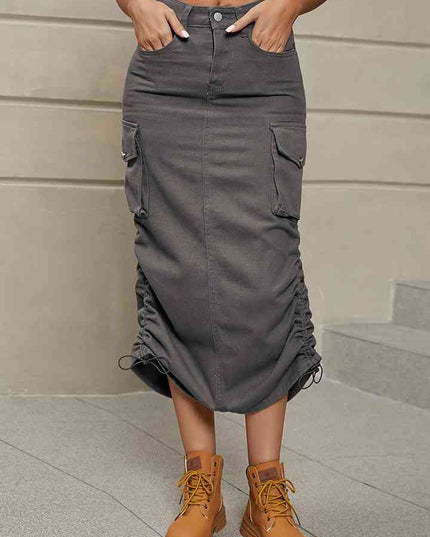 Drawstring Denim Skirt with Pockets