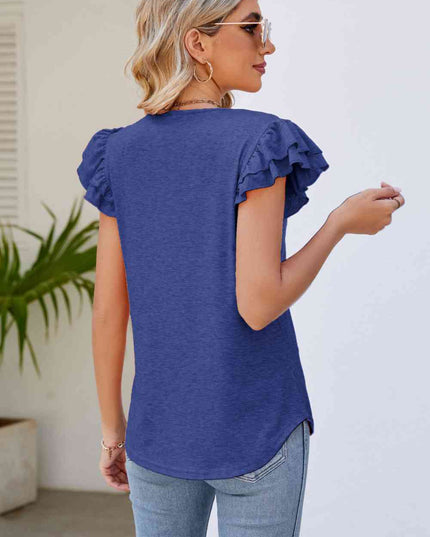 Smocked Flutter Sleeve V-Neck Top