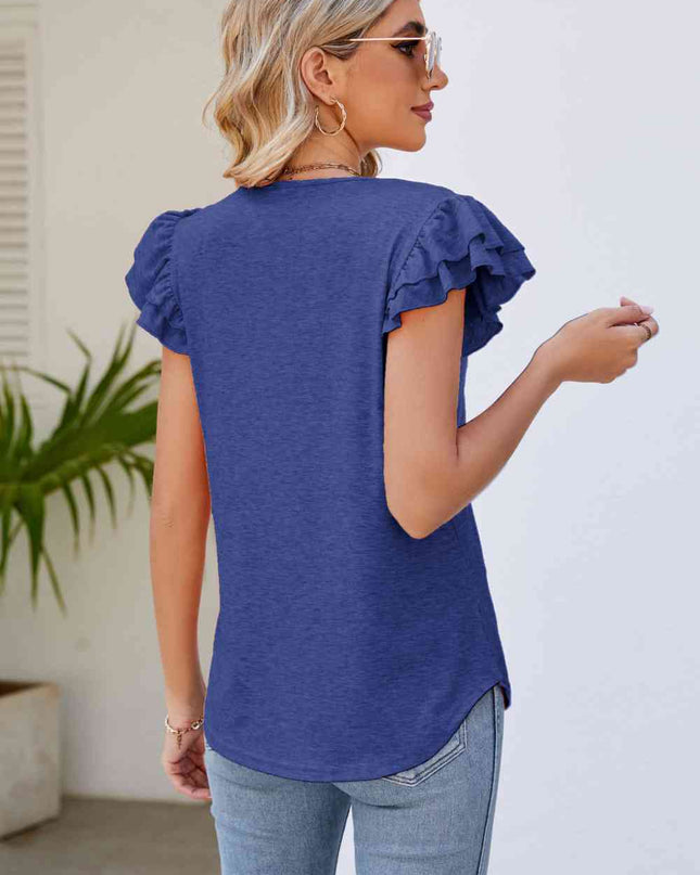 Smocked Flutter Sleeve V-Neck Top