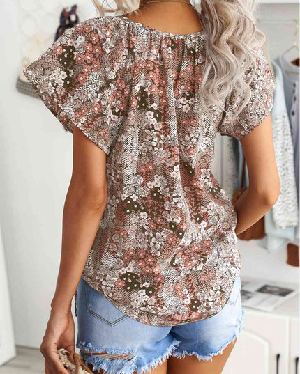 Floral Flutter Sleeve Tie-Neck Blouse