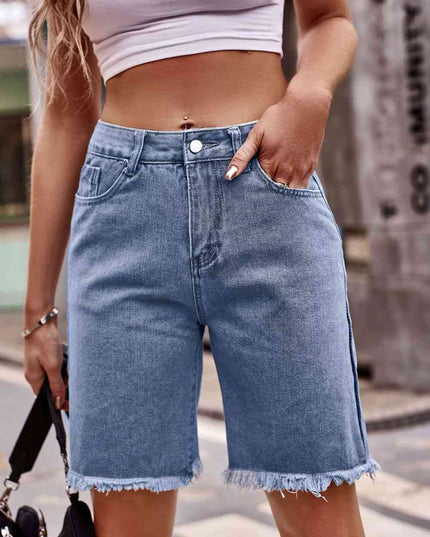 Raw Hem Denim Shorts with Pockets
