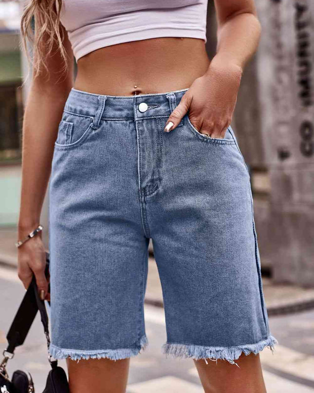 Raw Hem Denim Shorts with Pockets