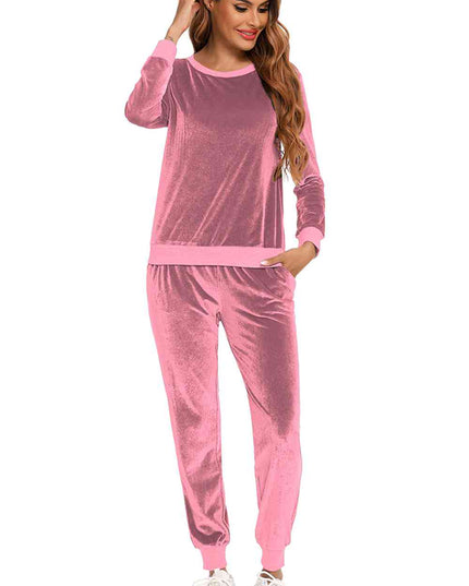 Round Neck Long Sleeve Loungewear Set with Pockets