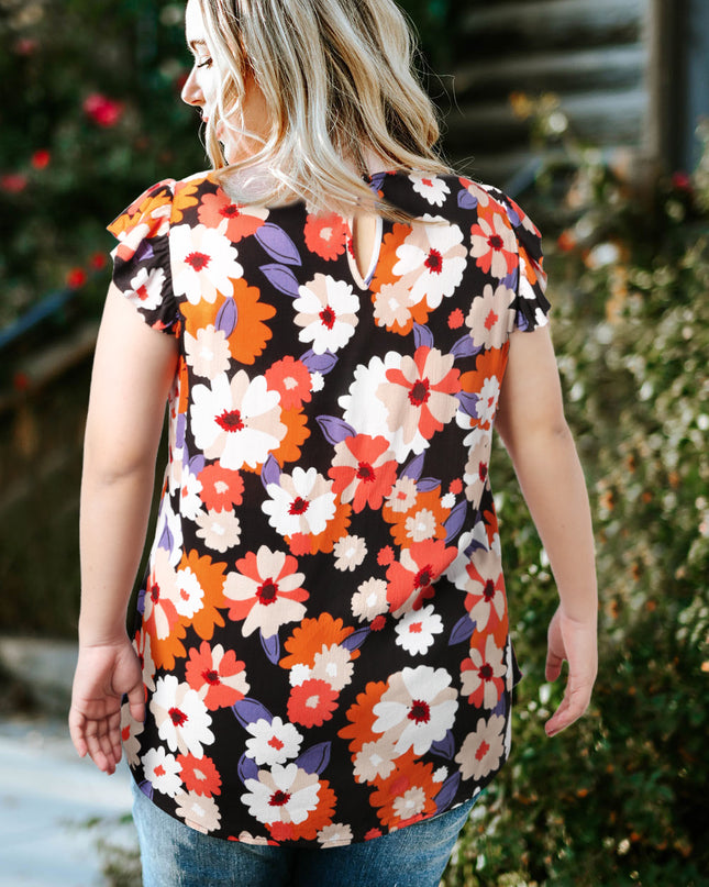 Plus Size Floral Flutter Sleeve Round Neck Top