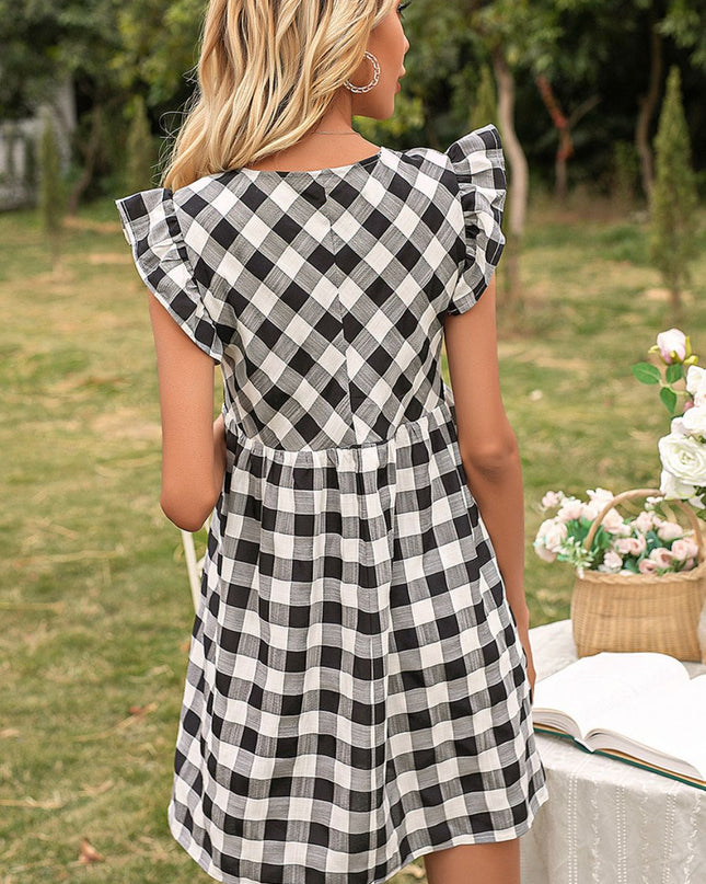 Plaid Butterfly Sleeve Deep V Dress