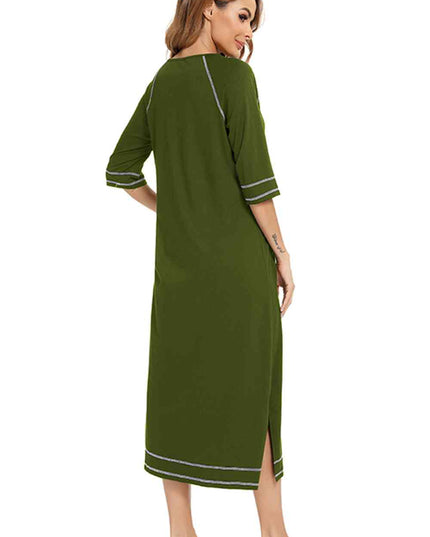Zip Up Slit Round Neck Night Dress with Pockets