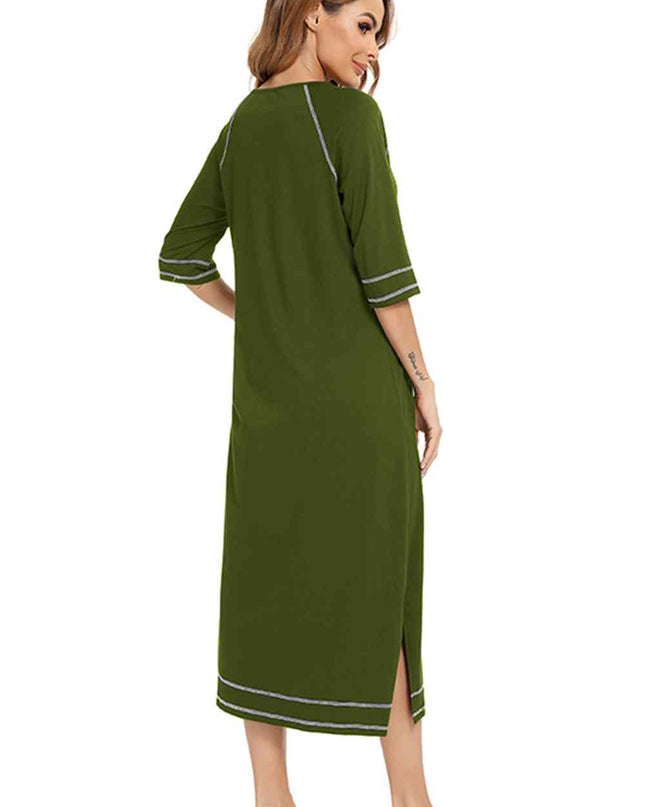 Zip Up Slit Round Neck Night Dress with Pockets