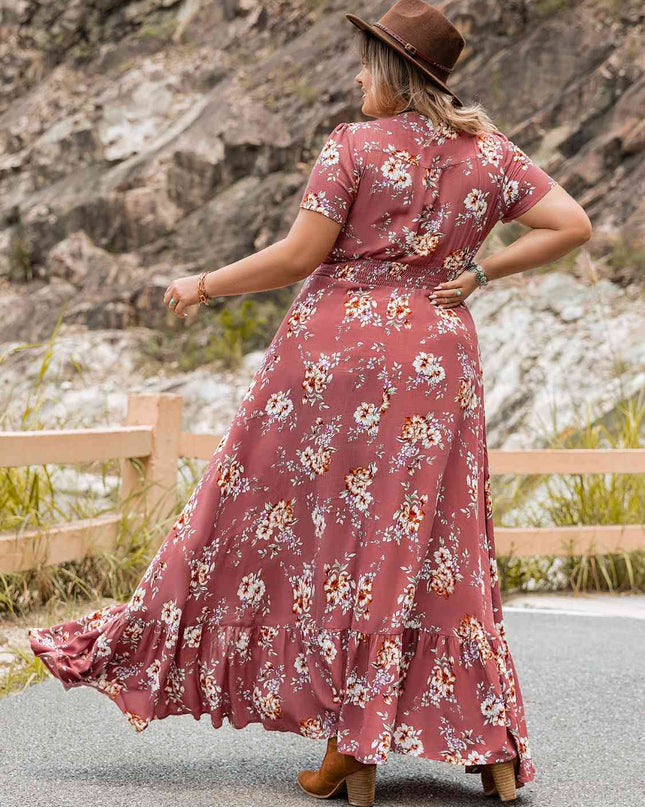 Plus Size Floral Slit Ruffle Hem Dress