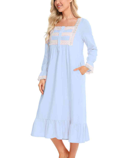 Lace Detail Square Neck Flounce Sleeve Night Dress