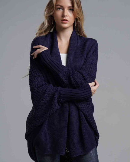 Double Take Dolman Sleeve Open Front Ribbed Trim Longline Cardigan
