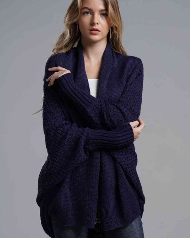 Double Take Dolman Sleeve Open Front Ribbed Trim Longline Cardigan