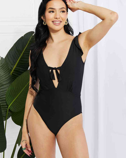 Marina West Swim Seashell Ruffle Sleeve One-Piece in Black