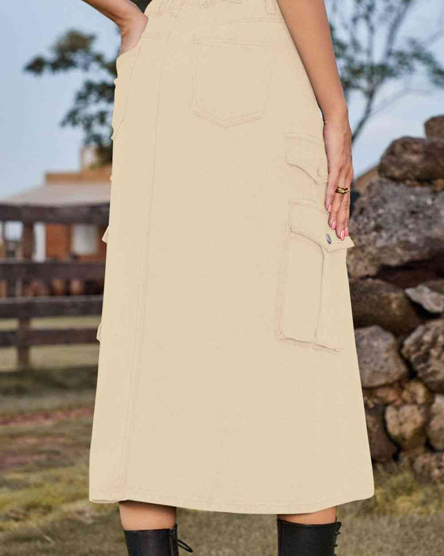 Slit Front Midi Denim Skirt with Pockets