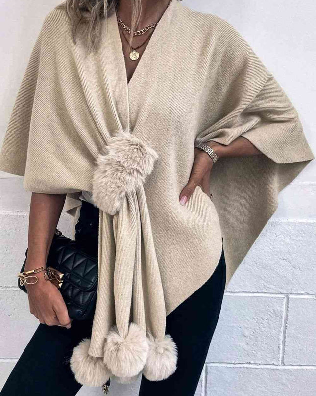 Surplice Neck Pom-Pom Trim Poncho