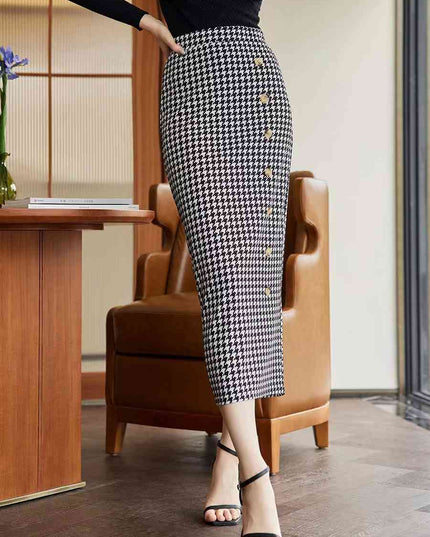 Houndstooth Decorative Button Slit Midi Skirt