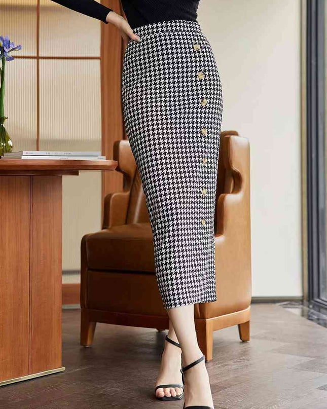 Houndstooth Decorative Button Slit Midi Skirt
