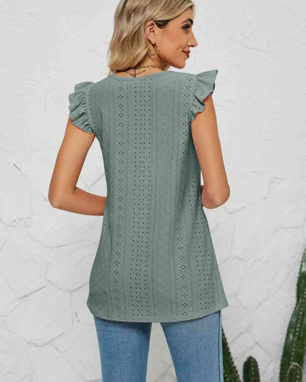 Smocked Round Neck Eyelet Top